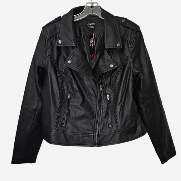 City Chic Jackets & Blazers - Black faux leather biker Jacket with braided details & zipper pockets womens XS